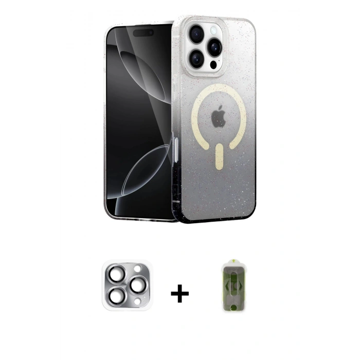 MARSİLYAN™- iPhone 16 Pro Max Kılıf Eksen Minimal Özel Seri - Siyah Joko Magic 5D Hayalet Cam + Gri Pers Alüminyum Kamera Lens