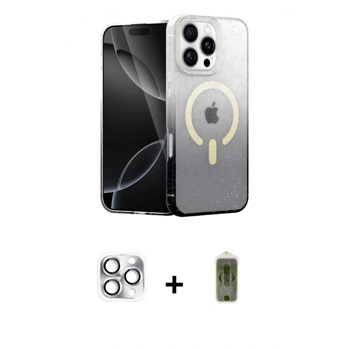 MARSİLYAN™- iPhone 16 Pro Max Kılıf Eksen Minimal Özel Seri - Siyah Joko Magic 5D Hayalet Cam + Gümüş Pers Alüminyum Kamera Lens