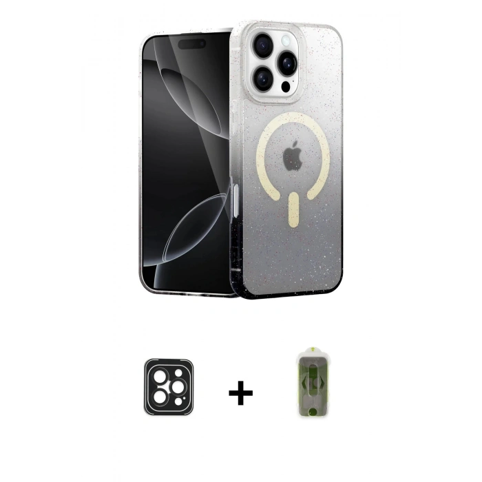 MARSİLYAN™- iPhone 16 Pro Max Kılıf Eksen Minimal Özel Seri - Siyah Joko Magic 5D Hayalet Cam + PVD Metal Kamera Lens - SH