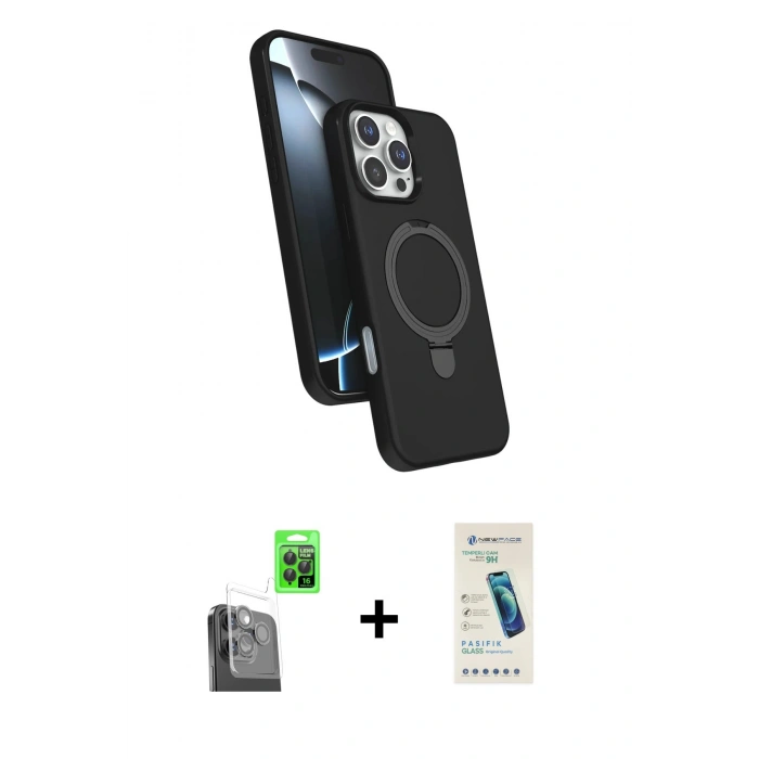 MARSİLYAN™- iPhone 16 Pro Max Kılıf İz Işık Koleksiyonu - Şeffaf Pasifik Cam Ekran Koruyucu + Siyah Raze Metal Kamera Lens