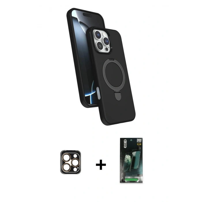 MARSİLYAN™- iPhone 16 Pro Max Kılıf İz Işık Koleksiyonu - Siyah 360 Mat Full Body Arka Koruyucu + PVD Metal Kamera Lens - GD