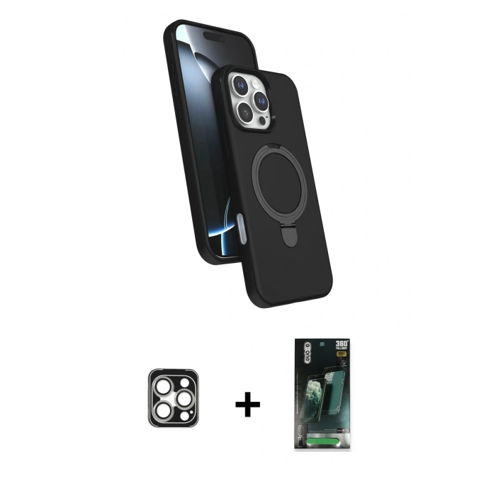 MARSİLYAN™- iPhone 16 Pro Max Kılıf İz Işık Koleksiyonu - Siyah 360 Mat Full Body Arka Koruyucu + PVD Metal Kamera Lens - GS