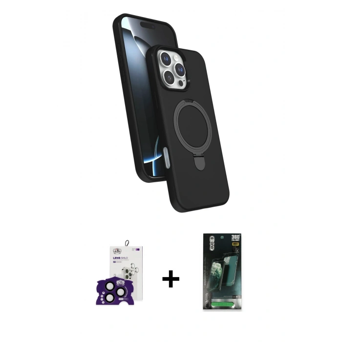 MARSİLYAN™- iPhone 16 Pro Max Kılıf İz Işık Koleksiyonu - Siyah 360 Mat Full Body Arka Koruyucu + Bilvis Titan Kamera Lens - SH