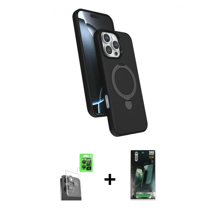MARSİLYAN™- iPhone 16 Pro Max Kılıf İz Işık Koleksiyonu - Siyah 360 Mat Full Body Arka Koruyucu + Siyah Raze Metal Kamera Lens