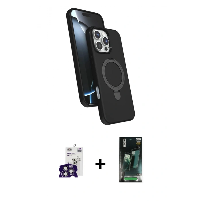 MARSİLYAN™- iPhone 16 Pro Max Kılıf İz Işık Koleksiyonu - Siyah 360 Mat Full Body Arka Koruyucu + Bilvis Titan Kamera Lens - TMGI