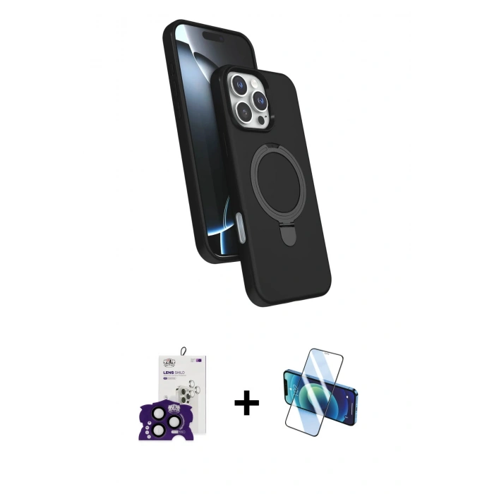 MARSİLYAN™- iPhone 16 Pro Max Kılıf İz Işık Koleksiyonu - Siyah 3D Antistatik Cam Ekran Koruyucu + Bilvis Titan Kamera Lens - SH