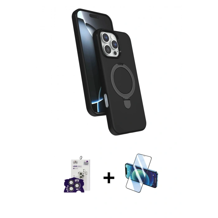 MARSİLYAN™- iPhone 16 Pro Max Kılıf İz Işık Koleksiyonu - Siyah 3D Antistatik Cam Ekran Koruyucu + Bilvis Titan Kamera Lens - TMGI