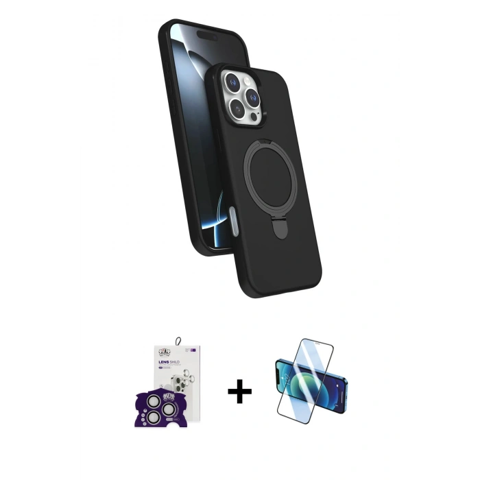 MARSİLYAN™- iPhone 16 Pro Max Kılıf İz Işık Koleksiyonu - Siyah 3D Antistatik Cam Ekran Koruyucu + Bilvis Titan Kamera Lens - GS