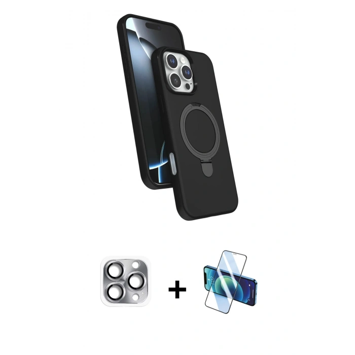 MARSİLYAN™- iPhone 16 Pro Max Kılıf İz Işık Koleksiyonu - Siyah 3D Antistatik Cam Ekran Koruyucu + Pers Alüminyum Kamera Lens - GI