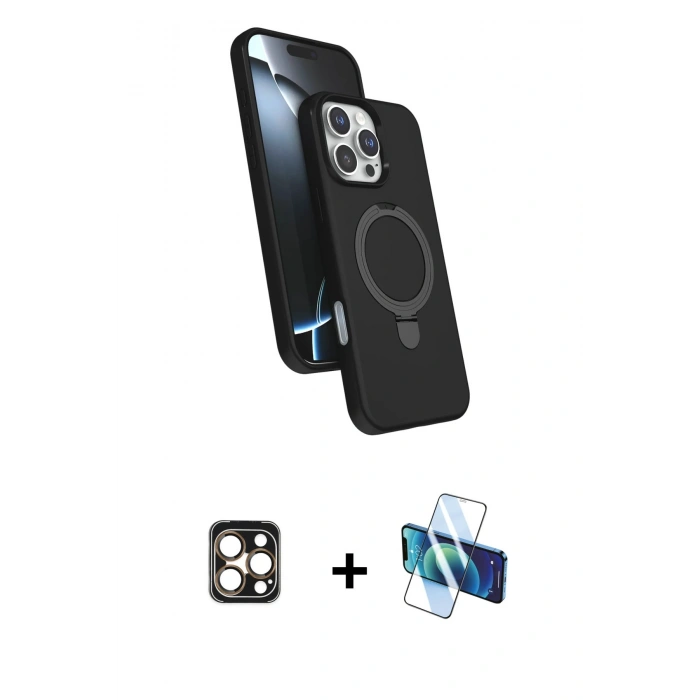 MARSİLYAN™- iPhone 16 Pro Max Kılıf İz Işık Koleksiyonu - Siyah 3D Antistatik Cam Ekran Koruyucu + PVD Metal Kamera Lens - GD