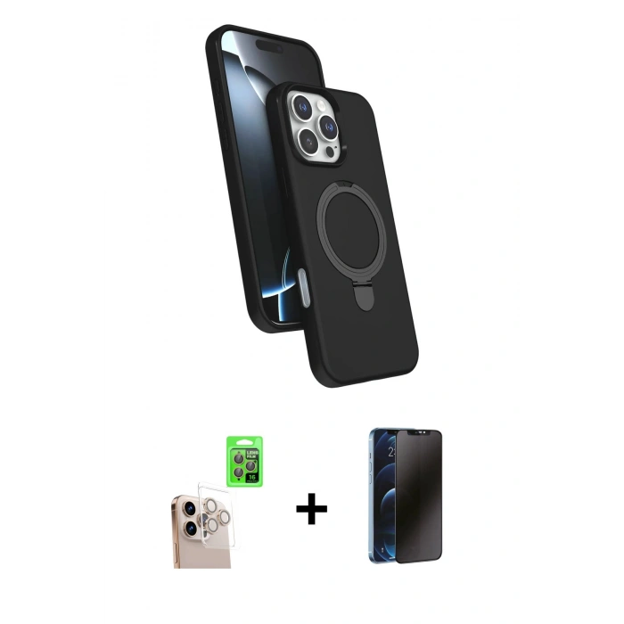 MARSİLYAN™- iPhone 16 Pro Max Kılıf İz Işık Koleksiyonu - Siyah 3D Antistatik Hayalet Cam Ekran Koruyucu + Raze Metal Kamera Lens - NLGY