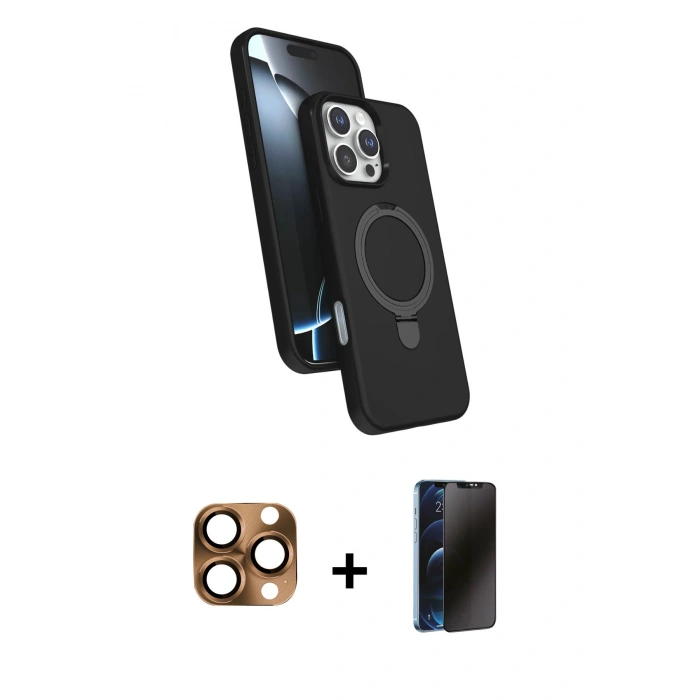 MARSİLYAN™- iPhone 16 Pro Max Kılıf İz Işık Koleksiyonu - Siyah 3D Antistatik Hayalet Cam Ekran Koruyucu + Pers Alüminyum Kamera Lens - CLTM