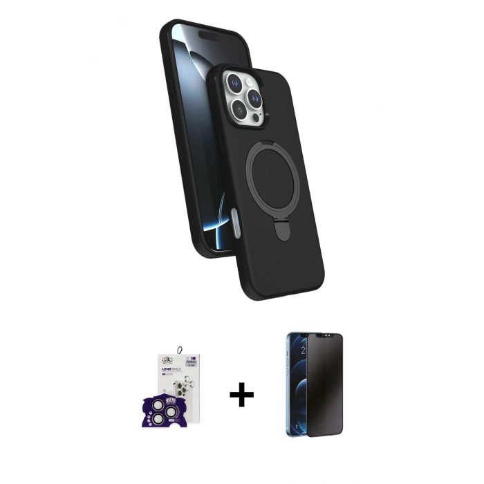 MARSİLYAN™- iPhone 16 Pro Max Kılıf İz Işık Koleksiyonu - Siyah 3D Antistatik Hayalet Cam Ekran Koruyucu + Bilvis Titan Kamera Lens - TMGI