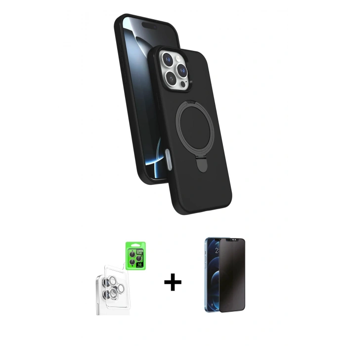 MARSİLYAN™- iPhone 16 Pro Max Kılıf İz Işık Koleksiyonu - Siyah 3D Antistatik Hayalet Cam Ekran Koruyucu + Raze Metal Kamera Lens - BZ