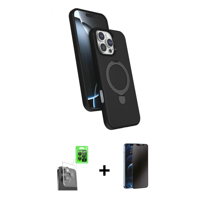 MARSİLYAN™- iPhone 16 Pro Max Kılıf İz Işık Koleksiyonu - Siyah 3D Antistatik Hayalet Cam Ekran Koruyucu + Raze Metal Kamera Lens - SH