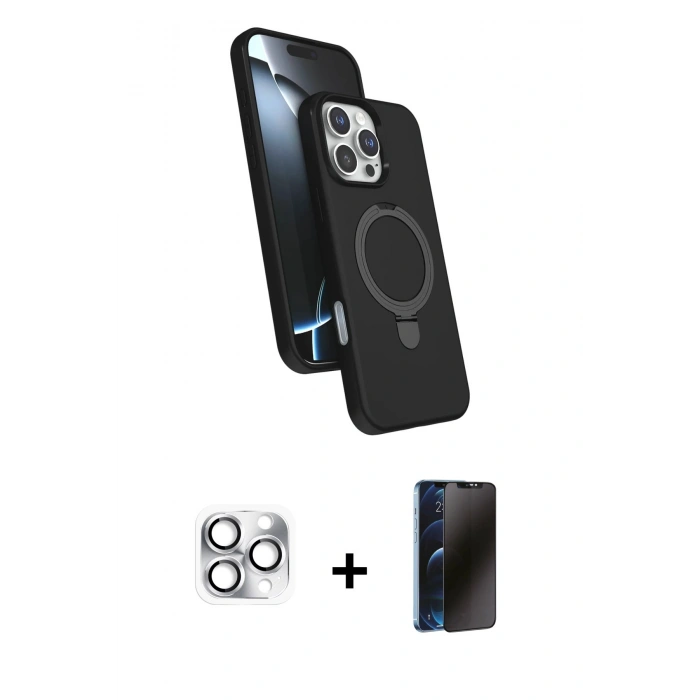 MARSİLYAN™- iPhone 16 Pro Max Kılıf İz Işık Koleksiyonu - Siyah 3D Antistatik Hayalet Cam Ekran Koruyucu + Pers Alüminyum Kamera Lens - GS