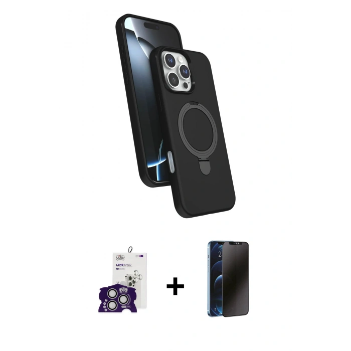 MARSİLYAN™- iPhone 16 Pro Max Kılıf İz Işık Koleksiyonu - Siyah 3D Antistatik Hayalet Cam Ekran Koruyucu + Bilvis Titan Kamera Lens - GS