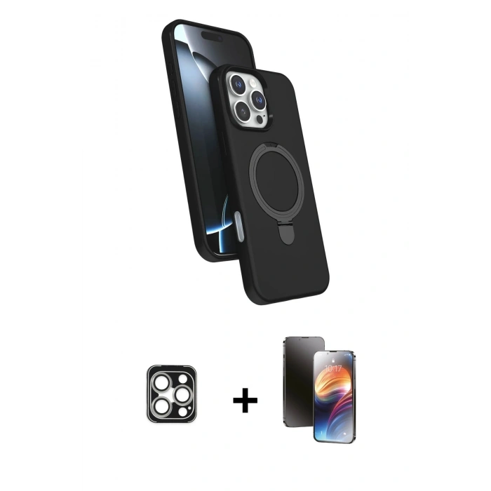 MARSİLYAN™- iPhone 16 Pro Max Kılıf İz Işık Koleksiyonu - Siyah 3D Antistatik Mat Seramik Nano Ekran Koruyucu + PVD Metal Kamera Lens - GS