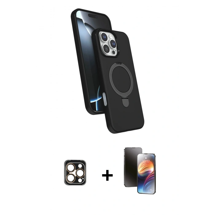 MARSİLYAN™- iPhone 16 Pro Max Kılıf İz Işık Koleksiyonu - Siyah 3D Antistatik Mat Seramik Nano Ekran Koruyucu + Gold PVD Metal Kamera Lens