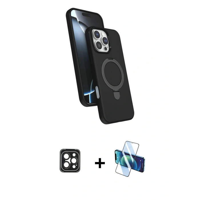 MARSİLYAN™- iPhone 16 Pro Max Kılıf İz Işık Koleksiyonu - Siyah 3D Antistatik Seramik Nano Ekran Koruyucu + Siyah PVD Metal Kamera Lens