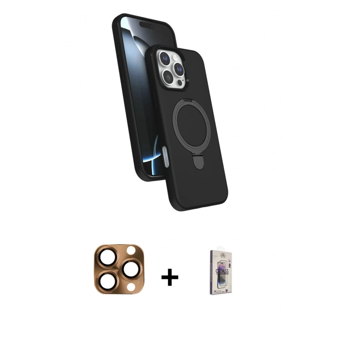 MARSİLYAN™- iPhone 16 Pro Max Kılıf İz Işık Koleksiyonu - Siyah Bilvis 3D Cam Ekran Koruyucu + Pers Alüminyum Kamera Lens - CLTM