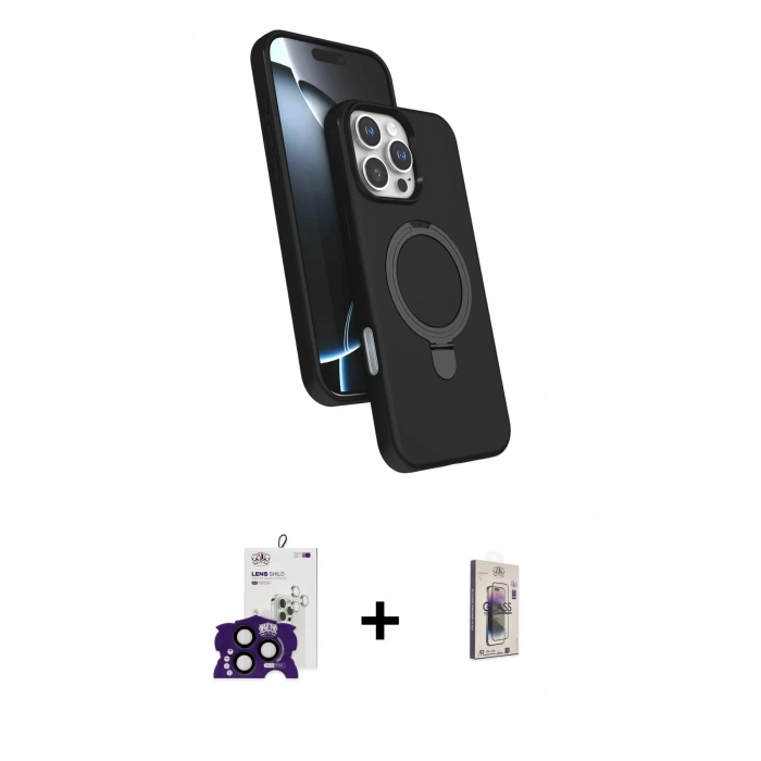 MARSİLYAN™- iPhone 16 Pro Max Kılıf İz Işık Koleksiyonu - Siyah Bilvis 3D Cam Ekran Koruyucu + Siyah Bilvis Titan Kamera Lens