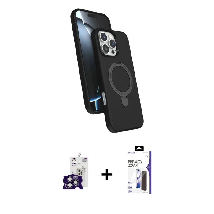 MARSİLYAN™- iPhone 16 Pro Max Kılıf İz Işık Koleksiyonu - Siyah Bilvis 3X AR Hayalet Cam Ekran Koruyucu + Bilvis Titan Kamera Lens - TMGI
