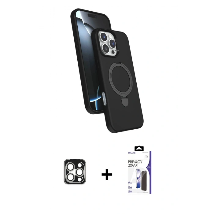 MARSİLYAN™- iPhone 16 Pro Max Kılıf İz Işık Koleksiyonu - Siyah Bilvis 3X AR Hayalet Cam Ekran Koruyucu + PVD Metal Kamera Lens - GS