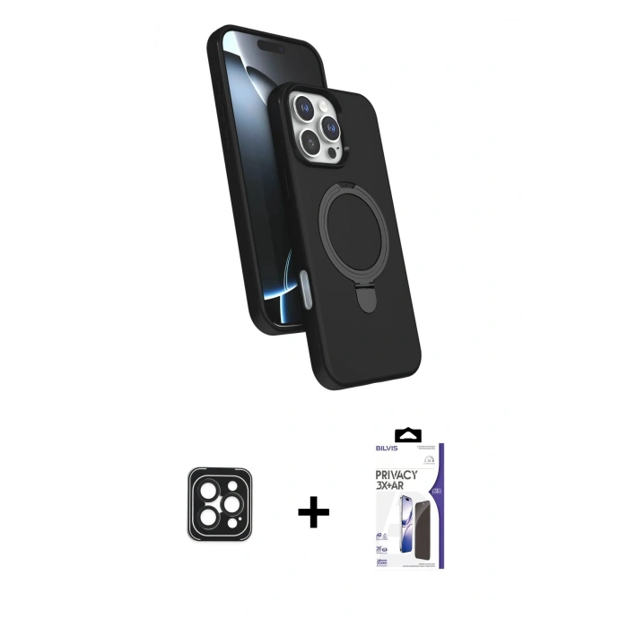 MARSİLYAN™- iPhone 16 Pro Max Kılıf İz Işık Koleksiyonu - Siyah Bilvis 3X AR Hayalet Cam Ekran Koruyucu + PVD Metal Kamera Lens - SH