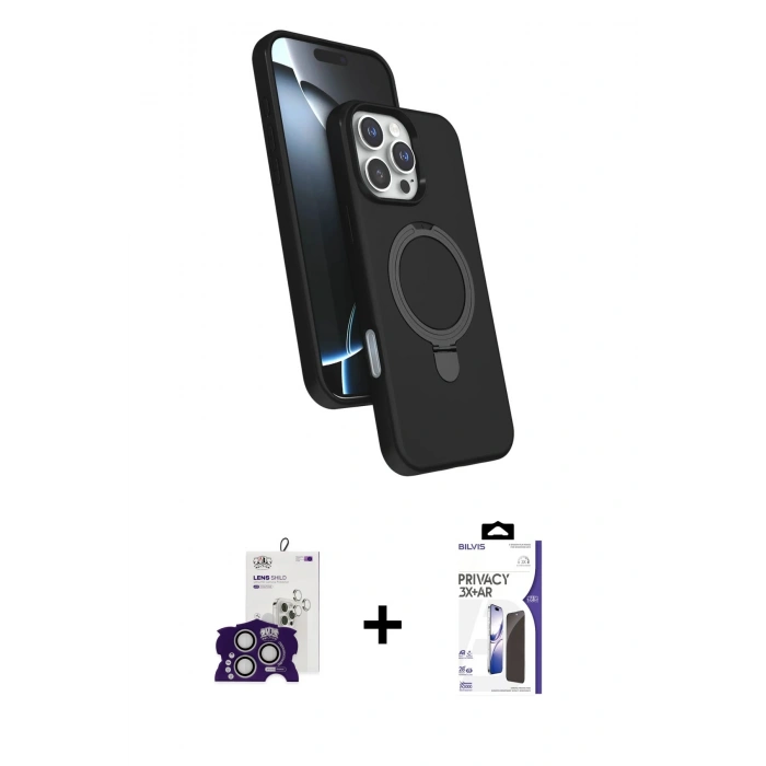 MARSİLYAN™- iPhone 16 Pro Max Kılıf İz Işık Koleksiyonu - Siyah Bilvis 3X AR Hayalet Cam Ekran Koruyucu + Bilvis Titan Kamera Lens - GS