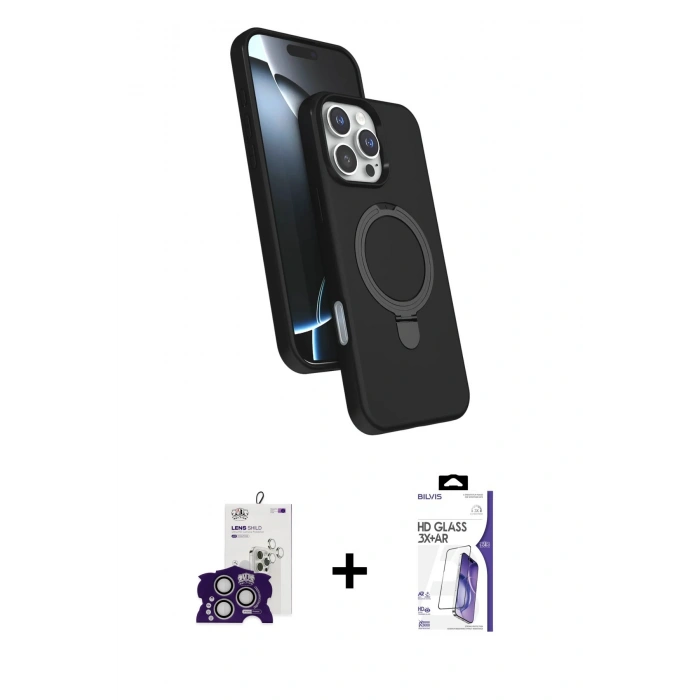 MARSİLYAN™- iPhone 16 Pro Max Kılıf İz Işık Koleksiyonu - Siyah Bilvis 3X AR HD Cam Ekran Koruyucu + Bilvis Titan Kamera Lens - GS