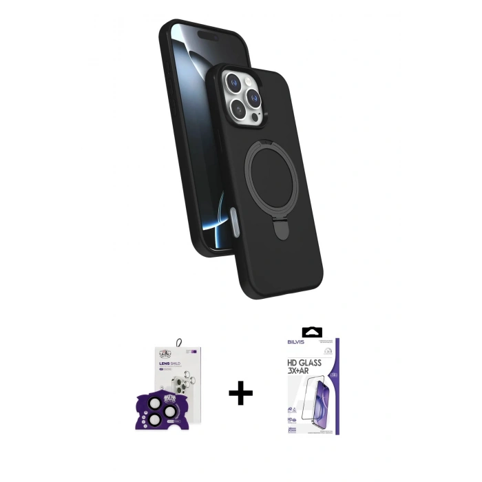 MARSİLYAN™- iPhone 16 Pro Max Kılıf İz Işık Koleksiyonu - Siyah Bilvis 3X AR HD Cam Ekran Koruyucu + Bilvis Titan Kamera Lens - SH