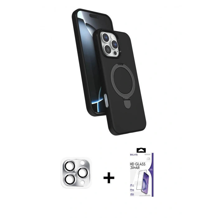 MARSİLYAN™- iPhone 16 Pro Max Kılıf İz Işık Koleksiyonu - Siyah Bilvis 3X AR HD Cam Ekran Koruyucu + Pers Alüminyum Kamera Lens - GS