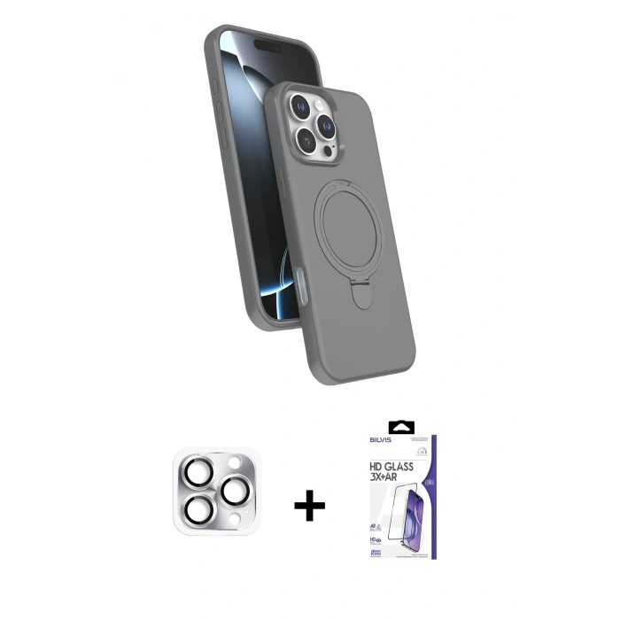 MARSİLYAN™- iPhone 16 Pro Max Kılıf İz Işık Koleksiyonu - Siyah Bilvis 3X AR HD Cam Ekran Koruyucu + Pers Alüminyum Kamera Lens - GS