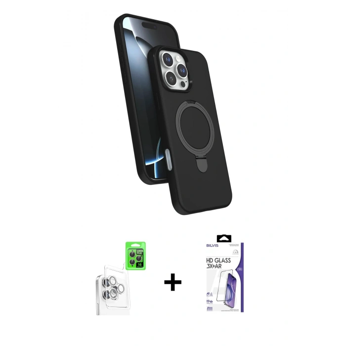MARSİLYAN™- iPhone 16 Pro Max Kılıf İz Işık Koleksiyonu - Siyah Bilvis 3X AR HD Cam Ekran Koruyucu + Raze Metal Kamera Lens - BZ
