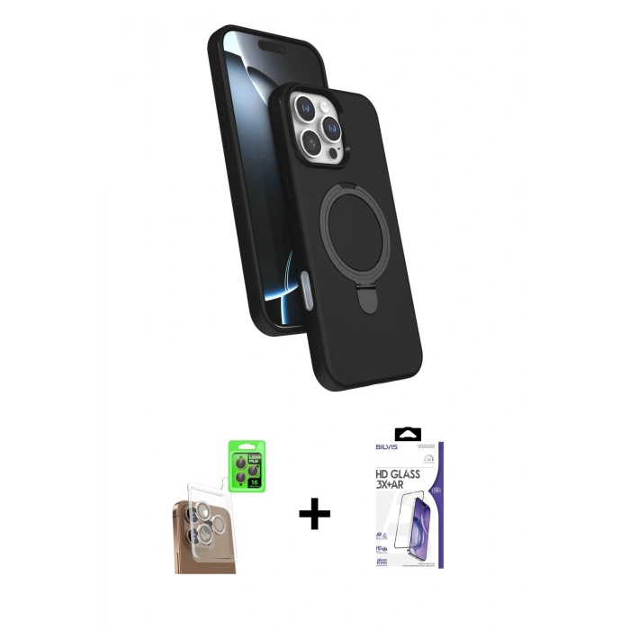 MARSİLYAN™- iPhone 16 Pro Max Kılıf İz Işık Koleksiyonu - Siyah Bilvis 3X AR HD Cam Ekran Koruyucu + Raze Metal Kamera Lens - CLTM