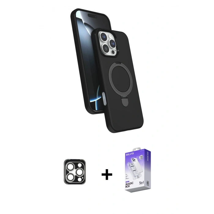 MARSİLYAN™- iPhone 16 Pro Max Kılıf İz Işık Koleksiyonu - Siyah Bilvis 5in1 3D Magic Cam Ekran Koruyucu + PVD Metal Kamera Lens - GS