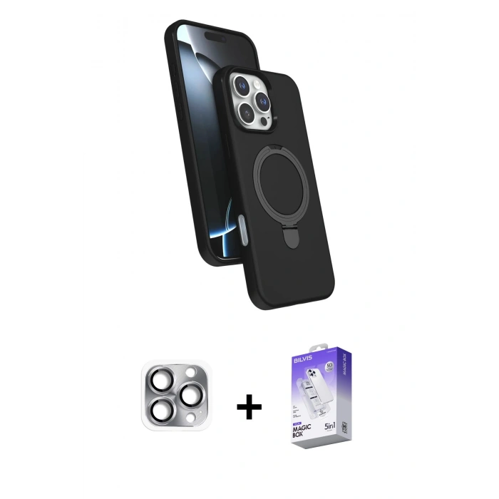 MARSİLYAN™- iPhone 16 Pro Max Kılıf İz Işık Koleksiyonu - Siyah Bilvis 5in1 3D Magic Cam Ekran Koruyucu + Pers Alüminyum Kamera Lens - GI