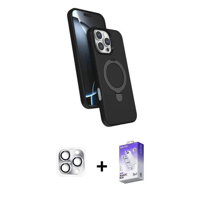 MARSİLYAN™- iPhone 16 Pro Max Kılıf İz Işık Koleksiyonu - Siyah Bilvis 5in1 3D Magic Cam Ekran Koruyucu + Gümüş Pers Alüminyum Kamera Lens