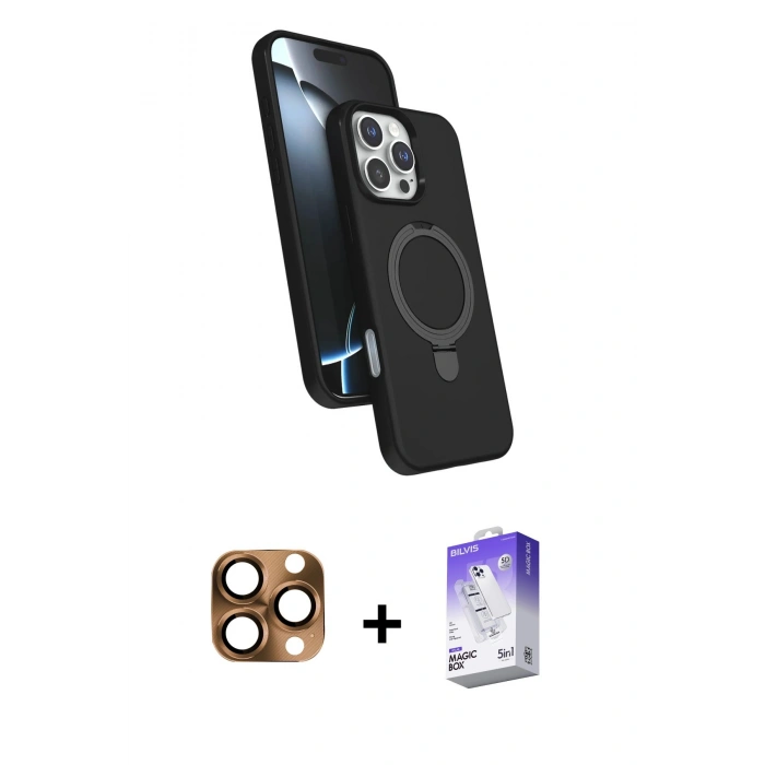 MARSİLYAN™- iPhone 16 Pro Max Kılıf İz Işık Koleksiyonu - Siyah Bilvis 5in1 3D Magic Cam Ekran Koruyucu + Çöl Titanyum Pers Alüminyum Kamera Lens