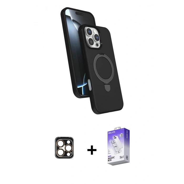 MARSİLYAN™- iPhone 16 Pro Max Kılıf İz Işık Koleksiyonu - Siyah Bilvis 5in1 3D Magic Cam Ekran Koruyucu + PVD Metal Kamera Lens - GD