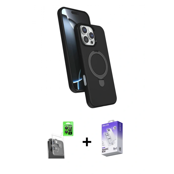 MARSİLYAN™- iPhone 16 Pro Max Kılıf İz Işık Koleksiyonu - Siyah Bilvis 5in1 3D Magic Cam Ekran Koruyucu + Raze Metal Kamera Lens - SH