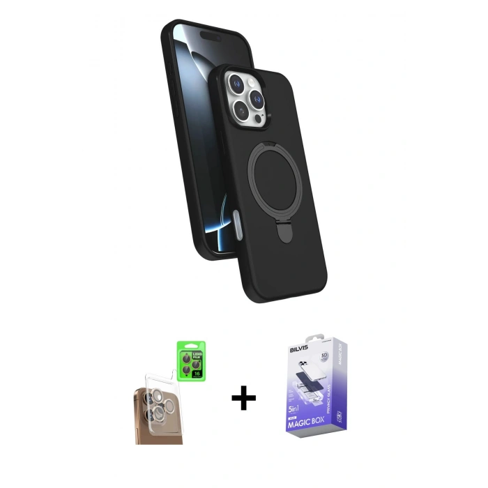 MARSİLYAN™- iPhone 16 Pro Max Kılıf İz Işık Koleksiyonu - Siyah Bilvis 5in1 5D Magic Hayalet Cam Ekran Koruyucu + Raze Metal Kamera Lens - CLTM