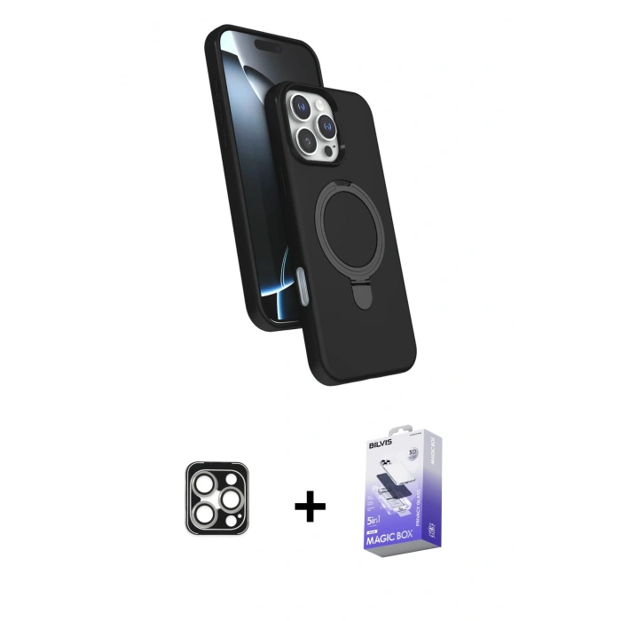 MARSİLYAN™- iPhone 16 Pro Max Kılıf İz Işık Koleksiyonu - Siyah Bilvis 5in1 5D Magic Hayalet Cam Ekran Koruyucu + PVD Metal Kamera Lens - GS