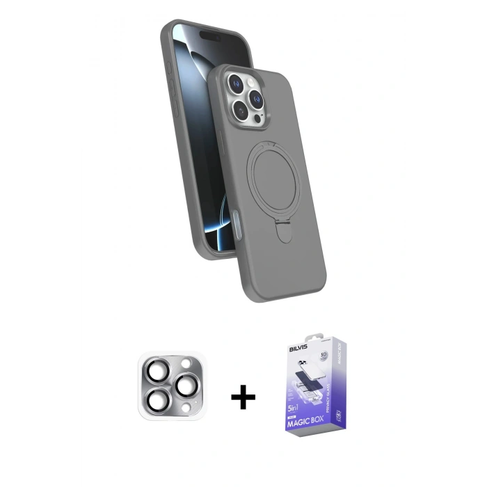 MARSİLYAN™- iPhone 16 Pro Max Kılıf İz Işık Koleksiyonu - Siyah Bilvis 5in1 5D Magic Hayalet Cam Ekran Koruyucu + Gri Pers Alüminyum Kamera Lens