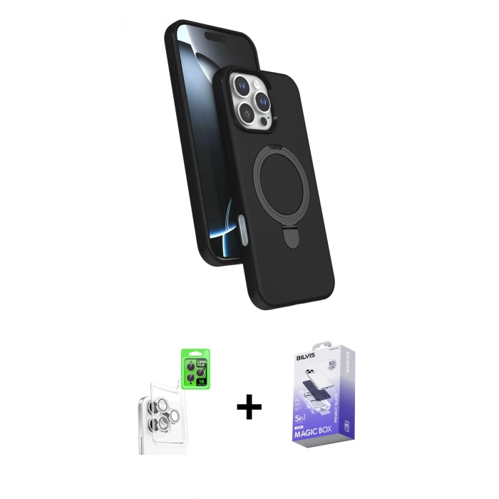 MARSİLYAN™- iPhone 16 Pro Max Kılıf İz Işık Koleksiyonu - Siyah Bilvis 5in1 5D Magic Hayalet Cam Ekran Koruyucu + Raze Metal Kamera Lens - BZ