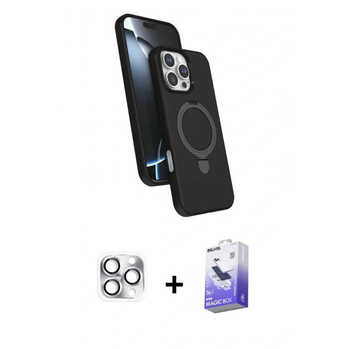 MARSİLYAN™- iPhone 16 Pro Max Kılıf İz Işık Koleksiyonu - Siyah Bilvis 5in1 5D Magic Hayalet Cam Ekran Koruyucu + Pers Alüminyum Kamera Lens - GS