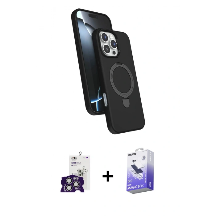 MARSİLYAN™- iPhone 16 Pro Max Kılıf İz Işık Koleksiyonu - Siyah Bilvis 5in1 5D Magic Hayalet Cam Ekran Koruyucu + Bilvis Titan Kamera Lens - GS