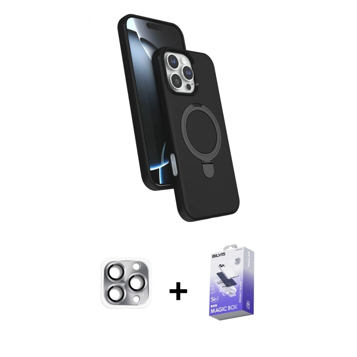MARSİLYAN™- iPhone 16 Pro Max Kılıf İz Işık Koleksiyonu - Siyah Bilvis 5in1 5D Magic Hayalet Cam Ekran Koruyucu + Gri Pers Alüminyum Kamera Lens