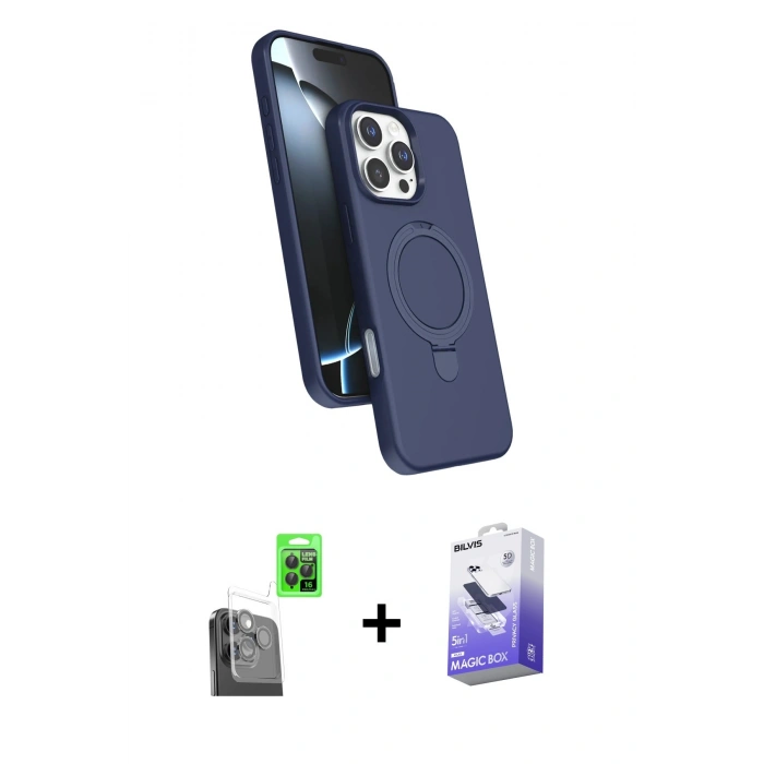 MARSİLYAN™- iPhone 16 Pro Max Kılıf İz Işık Koleksiyonu - Siyah Bilvis 5in1 5D Magic Hayalet Cam Ekran Koruyucu + Raze Metal Kamera Lens - SH